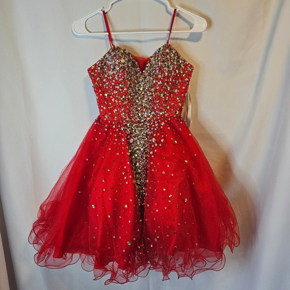 Dresses & Skirts - Terani Couture Rhinestone Tulle Cocktail Dress Womens Red Homecoming Prom Glam 0
